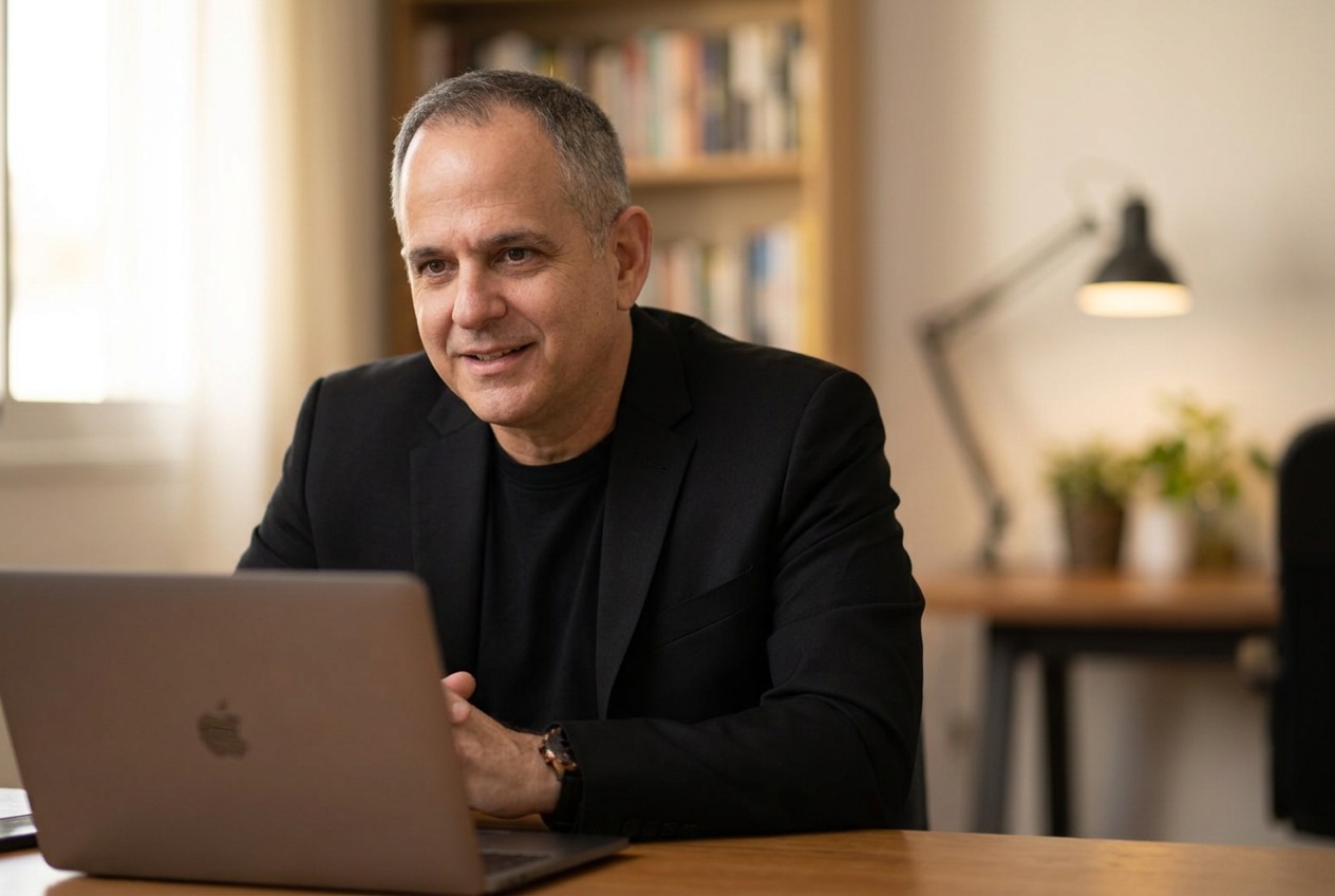 Ο Κωνσταντίνος Κορίκης σε προσωπική online συνεδρία εφαρμογής, μπροστά σε laptop