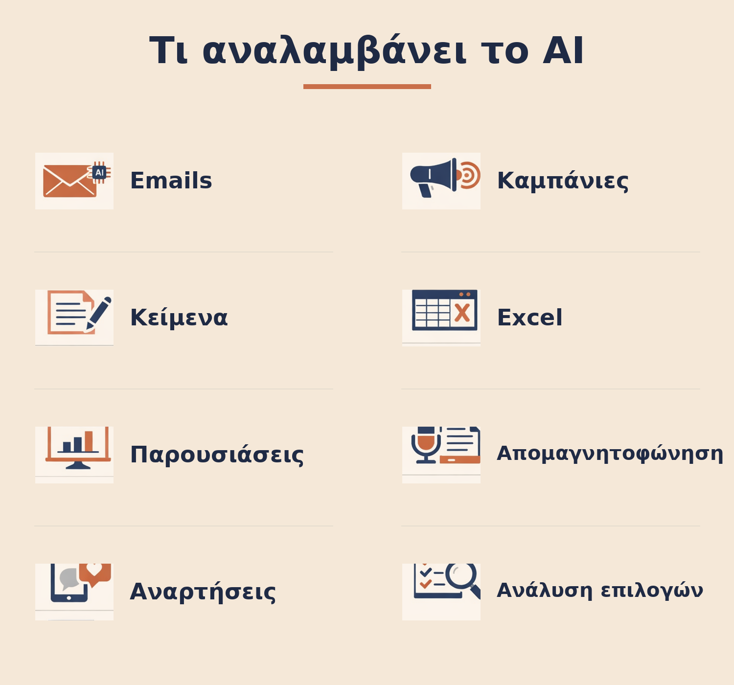 Infographic: Τι αναλαμβάνει το AI — Emails, Καμπάνιες, Κείμενα, Excel, Παρουσιάσεις, Απομαγνητοφώνηση, Αναρτήσεις, Ανάλυση επιλογών