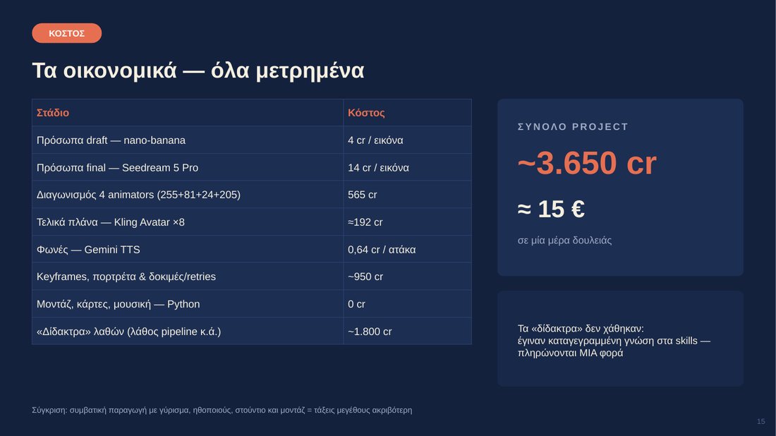 Πίνακας κόστους ανά στάδιο παραγωγής: πρόσωπα, animators, φωνές, μοντάζ και δίδακτρα λαθών