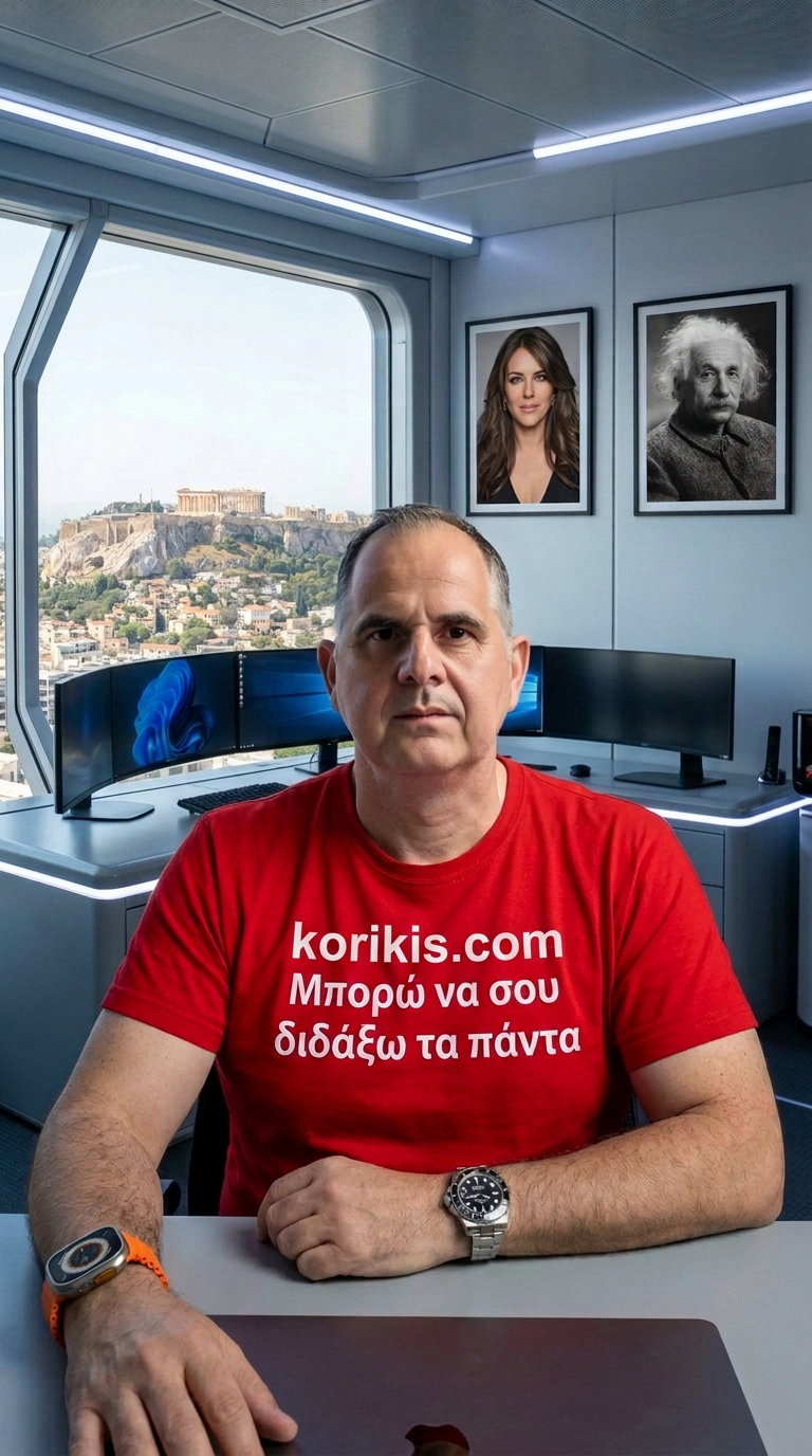 Ο Κωνσταντίνος Κορίκης με κόκκινο μπλουζάκι korikis.com — μπορώ να σου διδάξω τα πάντα
