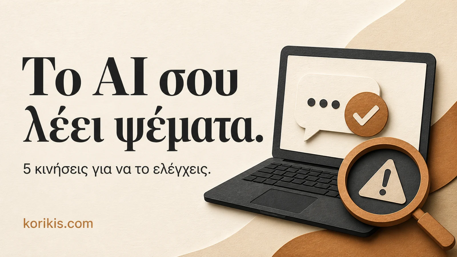 Το AI σου λέει ψέματα. 5 κινήσεις για να το ελέγχεις: laptop με συνομιλία AI και μεγεθυντικό φακό που αποκαλύπτει μια προειδοποίηση.
