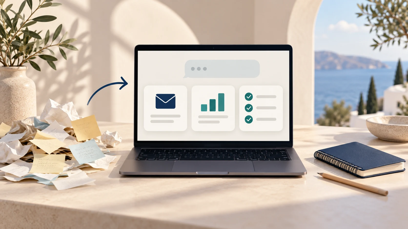 Laptop με σύμβολα email, γραφήματος και λίστας εργασιών για την πρακτική χρήση του Gemini.
