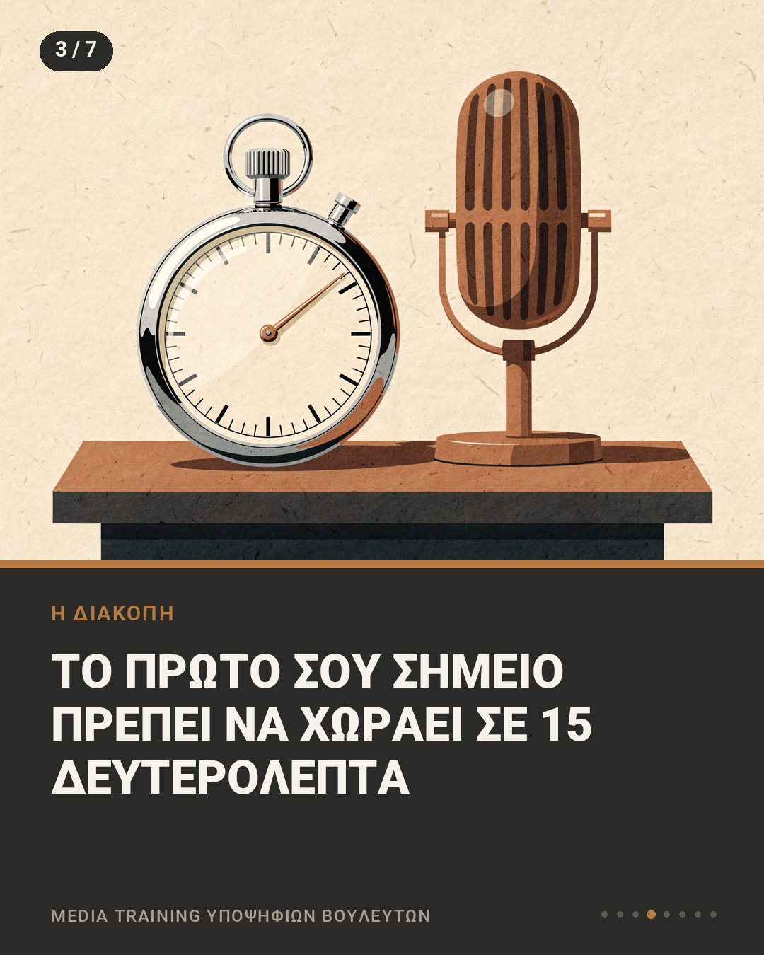 Εικονογράφηση με χρονόμετρο δίπλα σε μικρόφωνο στούντιο, με τη φράση «Το πρώτο σου σημείο πρέπει να χωράει σε 15 δευτερόλεπτα»