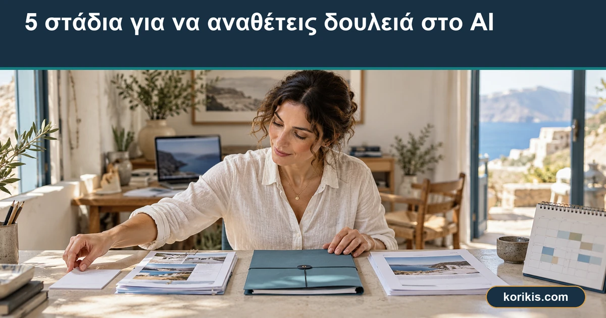 5 στάδια για να αναθέτεις δουλειά στο AI — Επαγγελματίας οργανώνει σημειώσεις, παραδείγματα και φακέλους πριν αναθέσει μια εργασία στο AI.