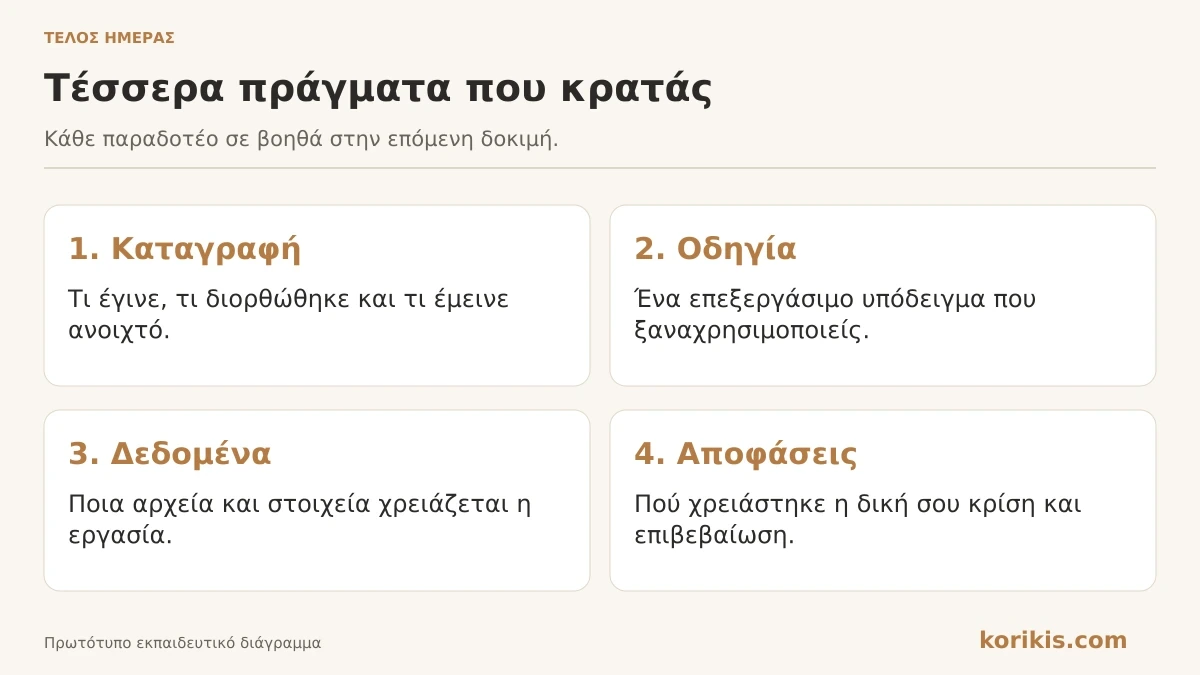 Τέσσερα αποτελέσματα της ανασκόπησης: καταγραφή, επαναχρησιμοποιήσιμη οδηγία, απαραίτητα δεδομένα και ανθρώπινες αποφάσεις.