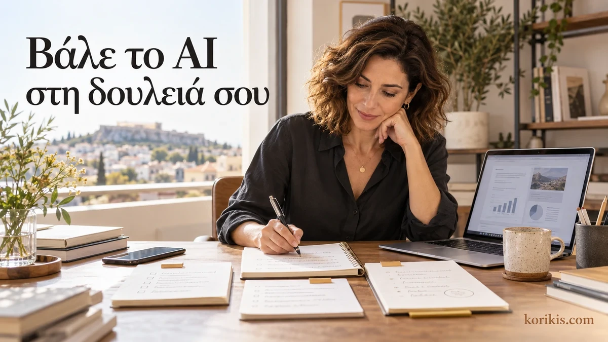 Επαγγελματίας σχεδιάζει την εργάσιμη ημέρα της με σημειώσεις και laptop, με τίτλο «Βάλε το AI στη δουλειά σου».