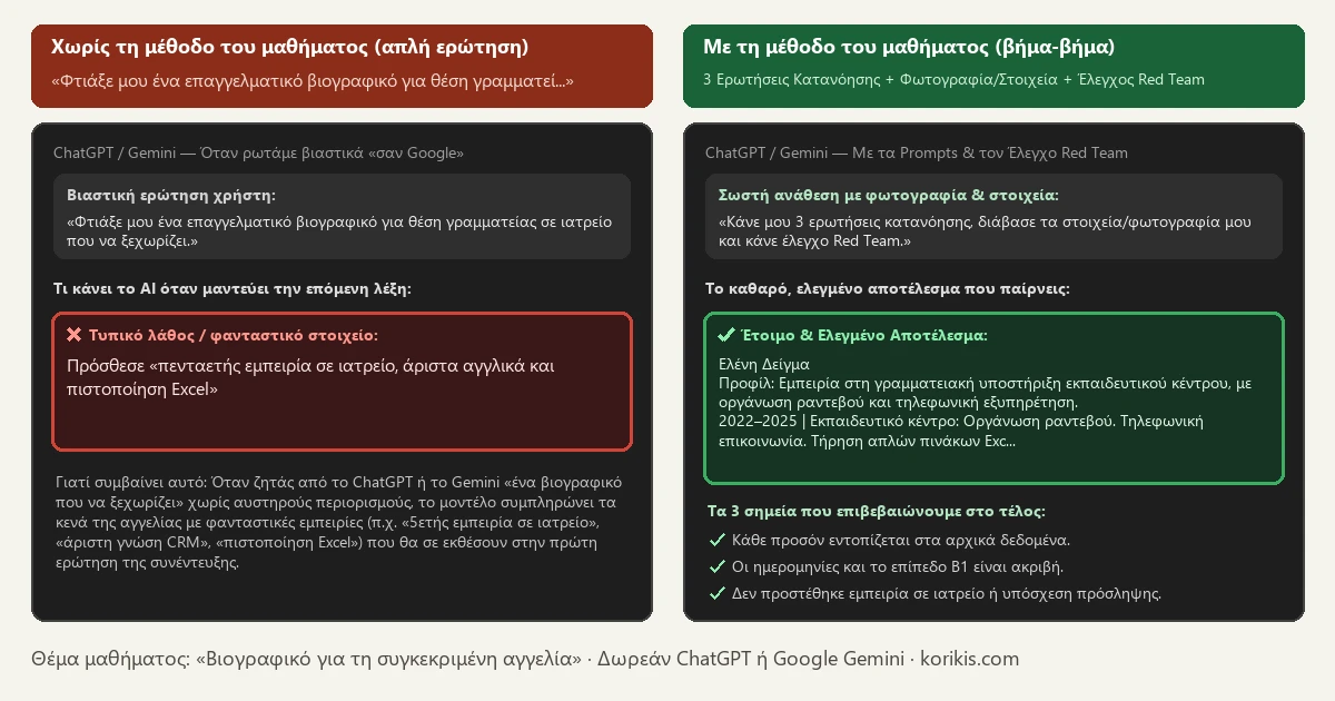 Σύγκριση πριν και μετά στο ChatGPT και στο Gemini — Βιογραφικό για τη συγκεκριμένη αγγελία