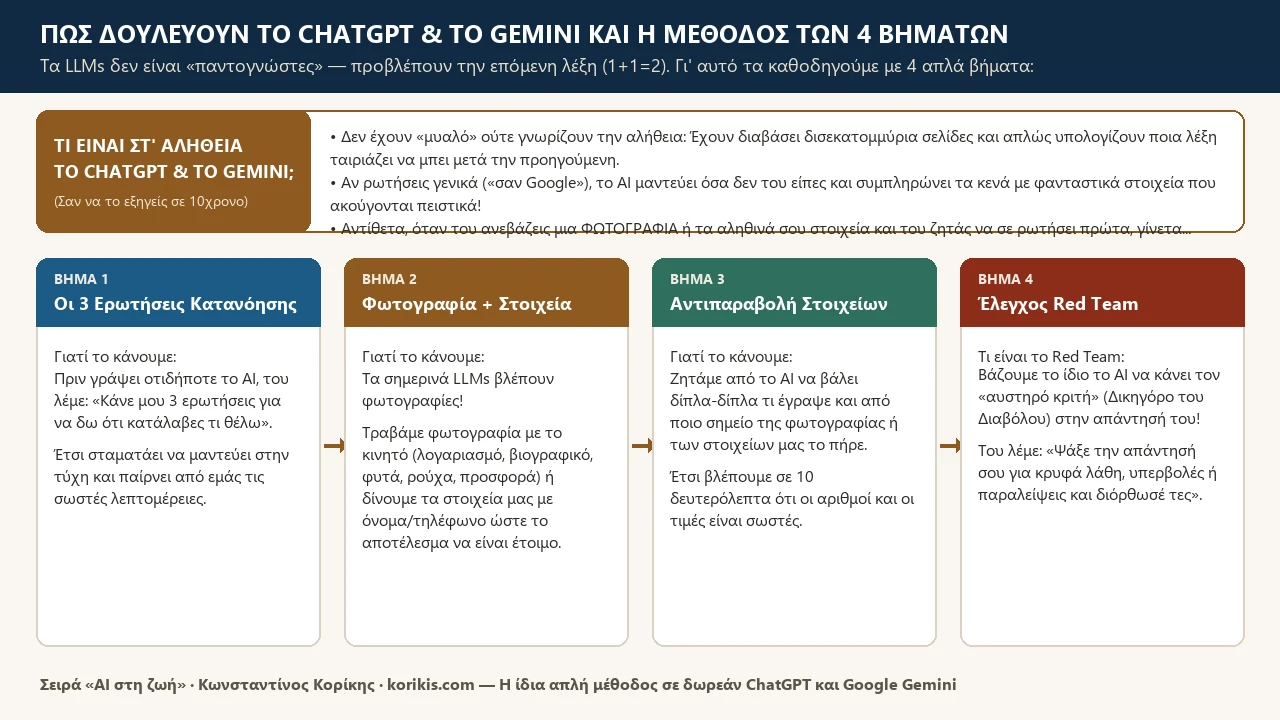 Διάγραμμα: πώς δουλεύουν το ChatGPT και το Gemini και τα 4 βήματα της μεθόδου — Πρόβα συνέντευξης χωρίς έτοιμες παπαγαλισμένες απαντήσεις