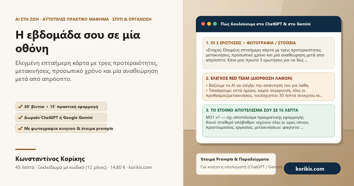 Η εβδομάδα σου σε μία οθόνη — Πρακτικό μάθημα AI στη ζωή του Κωνσταντίνου Κορίκη