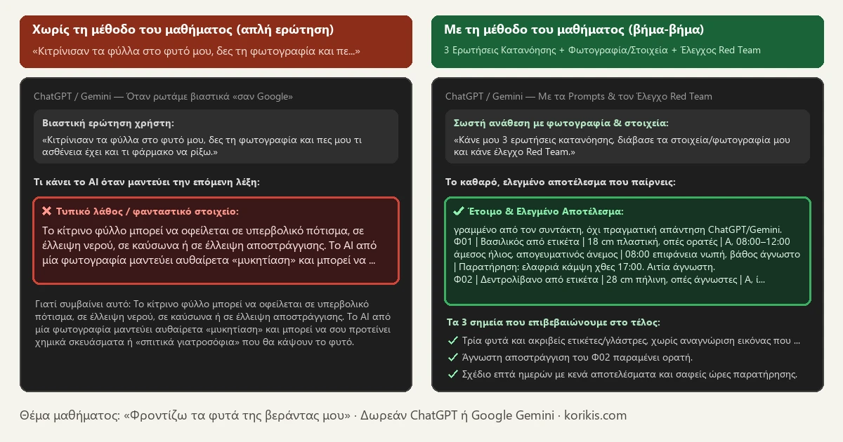 Σύγκριση πριν και μετά στο ChatGPT και στο Gemini — Φροντίζω τα φυτά της βεράντας μου