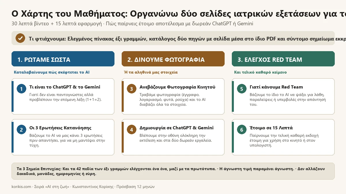 Ο χάρτης του μαθήματος «Οργανώνω δύο σελίδες ιατρικών εξετάσεων για τον γιατρό»
