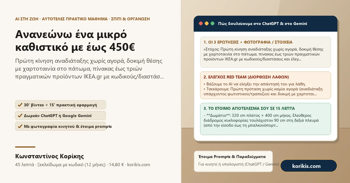 Ανανεώνω ένα μικρό καθιστικό με έως 450€ — Πρακτικό μάθημα AI στη ζωή του Κωνσταντίνου Κορίκη