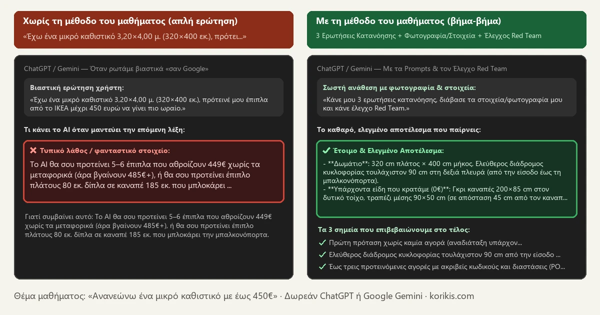 Σύγκριση πριν και μετά στο ChatGPT και στο Gemini — Ανανεώνω ένα μικρό καθιστικό με έως 450€