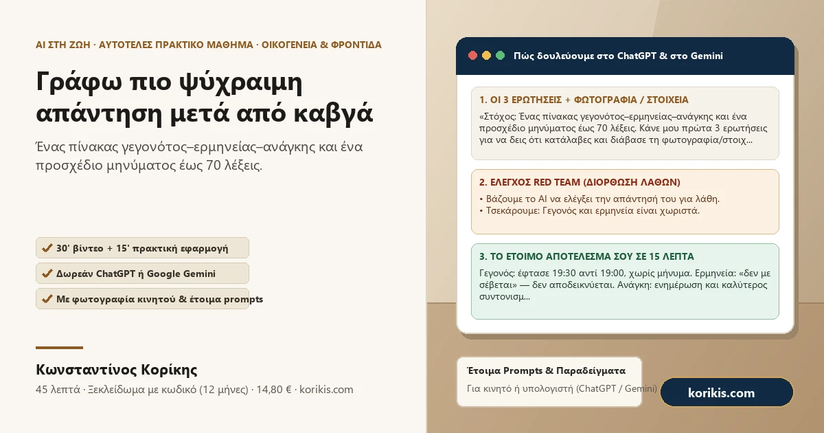Γράφω πιο ψύχραιμη απάντηση μετά από καβγά — Πρακτικό μάθημα AI στη ζωή του Κωνσταντίνου Κορίκη