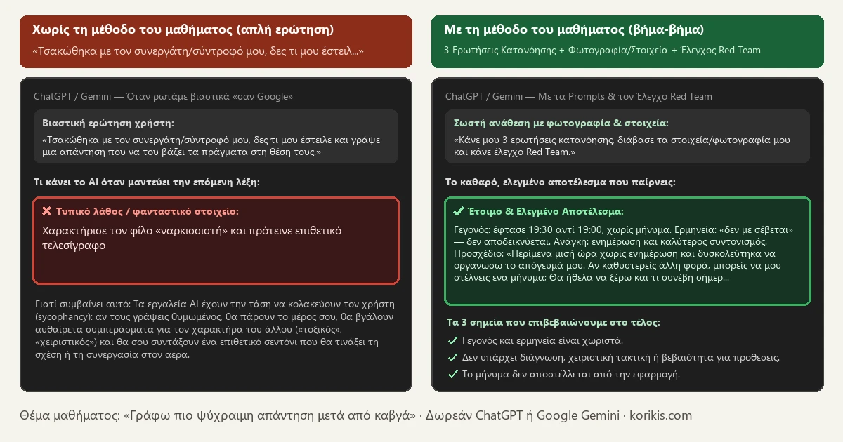 Σύγκριση πριν και μετά στο ChatGPT και στο Gemini — Γράφω πιο ψύχραιμη απάντηση μετά από καβγά
