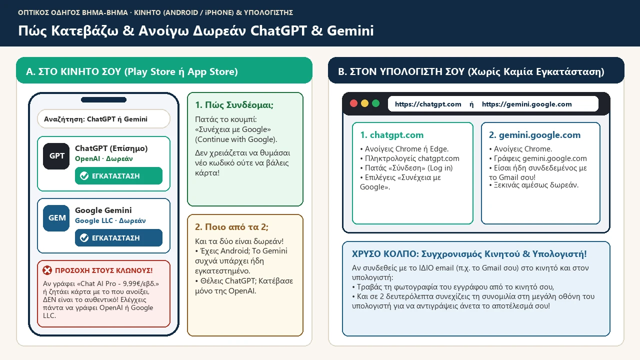 Οπτικός οδηγός εγκατάστασης δωρεάν ChatGPT και Google Gemini