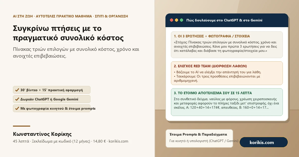 Συγκρίνω πτήσεις με το πραγματικό συνολικό κόστος — Πρακτικό μάθημα AI στη ζωή του Κωνσταντίνου Κορίκη
