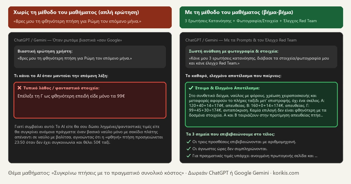 Σύγκριση πριν και μετά στο ChatGPT και στο Gemini — Συγκρίνω πτήσεις με το πραγματικό συνολικό κόστος