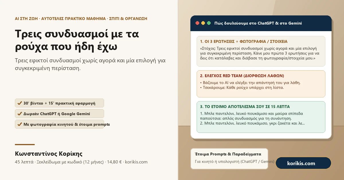 Τρεις συνδυασμοί με τα ρούχα που ήδη έχω — Πρακτικό μάθημα AI στη ζωή του Κωνσταντίνου Κορίκη