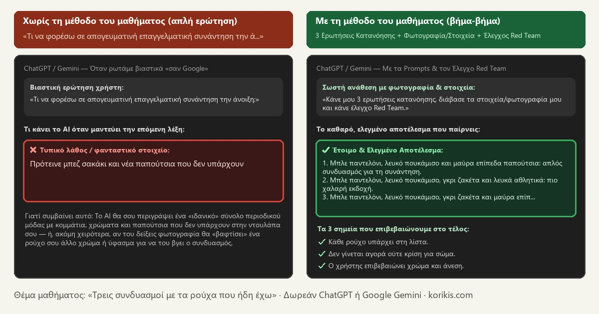Σύγκριση πριν και μετά στο ChatGPT και στο Gemini — Τρεις συνδυασμοί με τα ρούχα που ήδη έχω