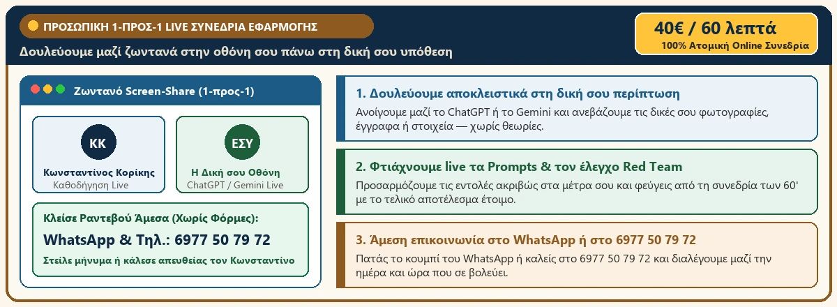 Ατομική 1-προς-1 online συνεδρία 60 λεπτών με 40€ με τον Κωνσταντίνο Κορίκη για το μάθημα «Πρόβα συνέντευξης χωρίς έτοιμες παπαγαλισμένες απαντήσεις» — WhatsApp και τηλέφωνο 6977 50 79 72