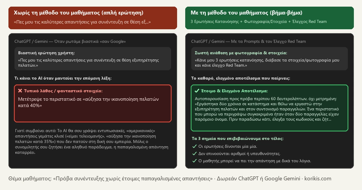 Σύγκριση πριν και μετά στο ChatGPT και στο Gemini — Πρόβα συνέντευξης χωρίς έτοιμες παπαγαλισμένες απαντήσεις