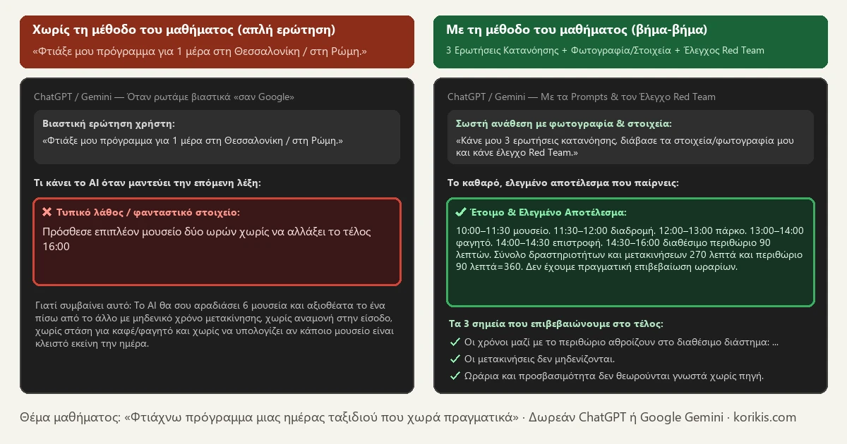 Σύγκριση πριν και μετά στο ChatGPT και στο Gemini — Φτιάχνω πρόγραμμα μιας ημέρας ταξιδιού που χωρά πραγματικά