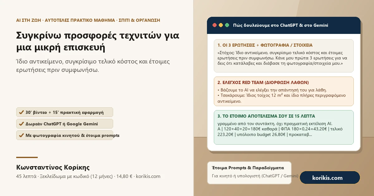 Συγκρίνω προσφορές τεχνιτών για μια μικρή επισκευή — Πρακτικό μάθημα AI στη ζωή του Κωνσταντίνου Κορίκη