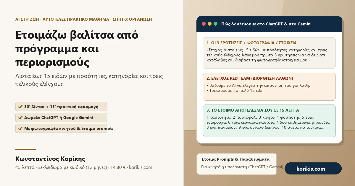 Ετοιμάζω βαλίτσα από πρόγραμμα και περιορισμούς — Πρακτικό μάθημα AI στη ζωή του Κωνσταντίνου Κορίκη