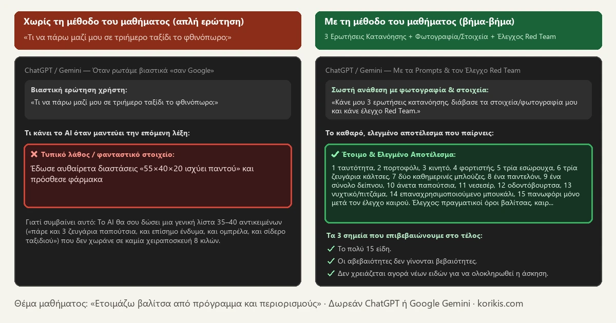 Σύγκριση πριν και μετά στο ChatGPT και στο Gemini — Ετοιμάζω βαλίτσα από πρόγραμμα και περιορισμούς