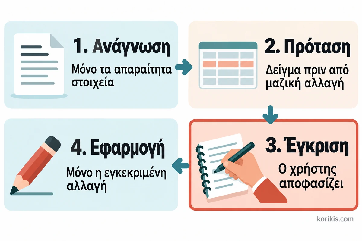 Διάγραμμα τεσσάρων σταδίων: ανάγνωση, πρόταση, έγκριση χρήστη και εφαρμογή της εγκεκριμένης αλλαγής.