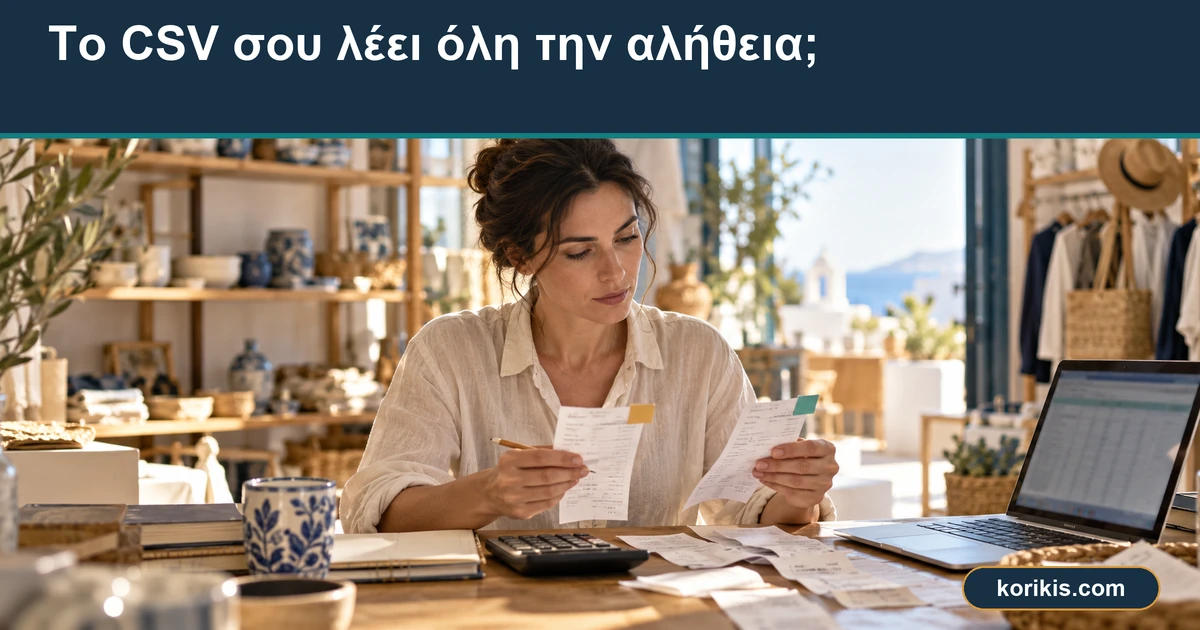 Το CSV σου λέει όλη την αλήθεια; — Επαγγελματίας ελέγχει αποδείξεις και πίνακα πωλήσεων πριν δεχτεί το άθροισμα του CSV.
