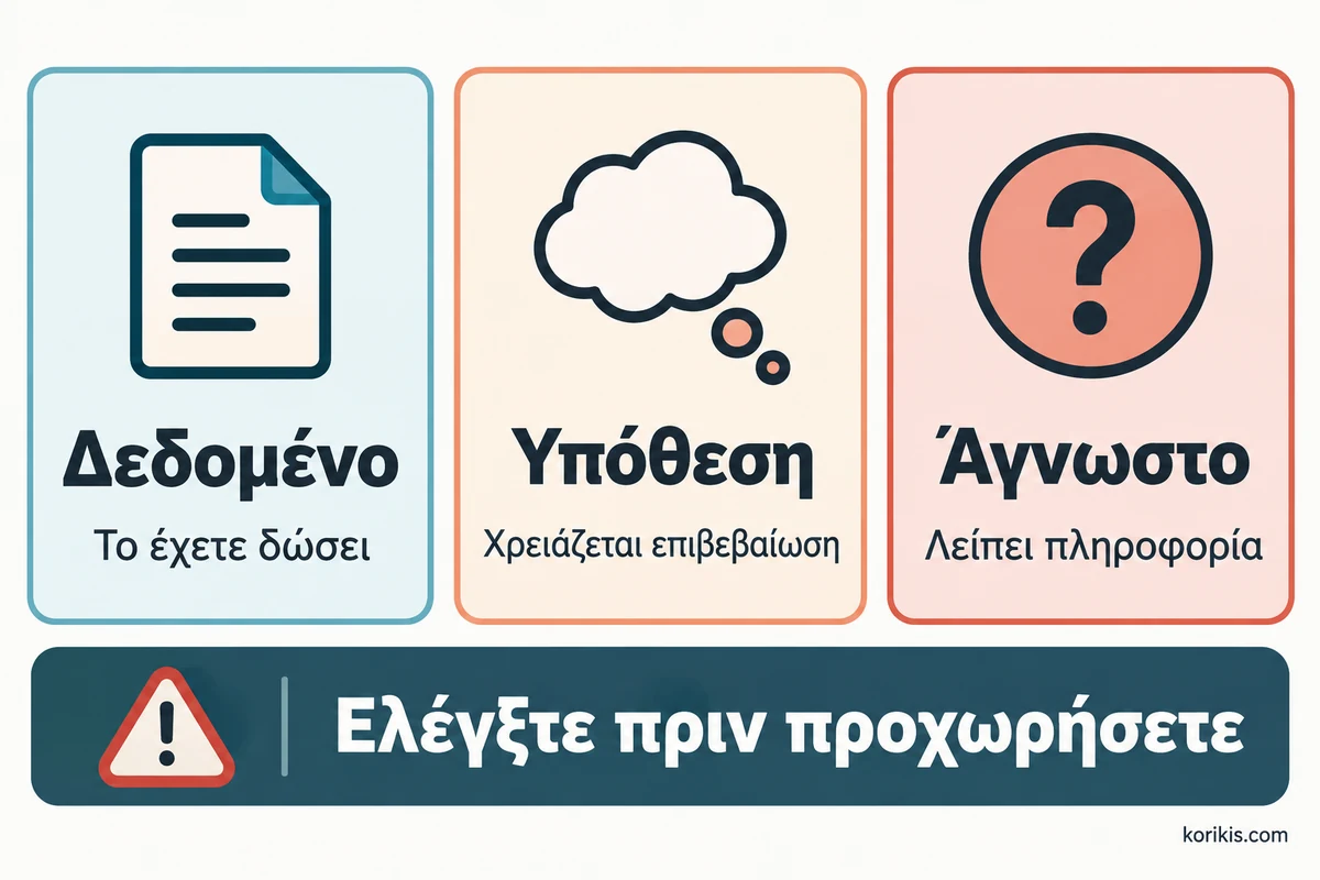 Τρεις κατηγορίες πληροφοριών σε ένα πλάνο AI: δεδομένο που δόθηκε, υπόθεση προς επιβεβαίωση και άγνωστο στοιχείο.