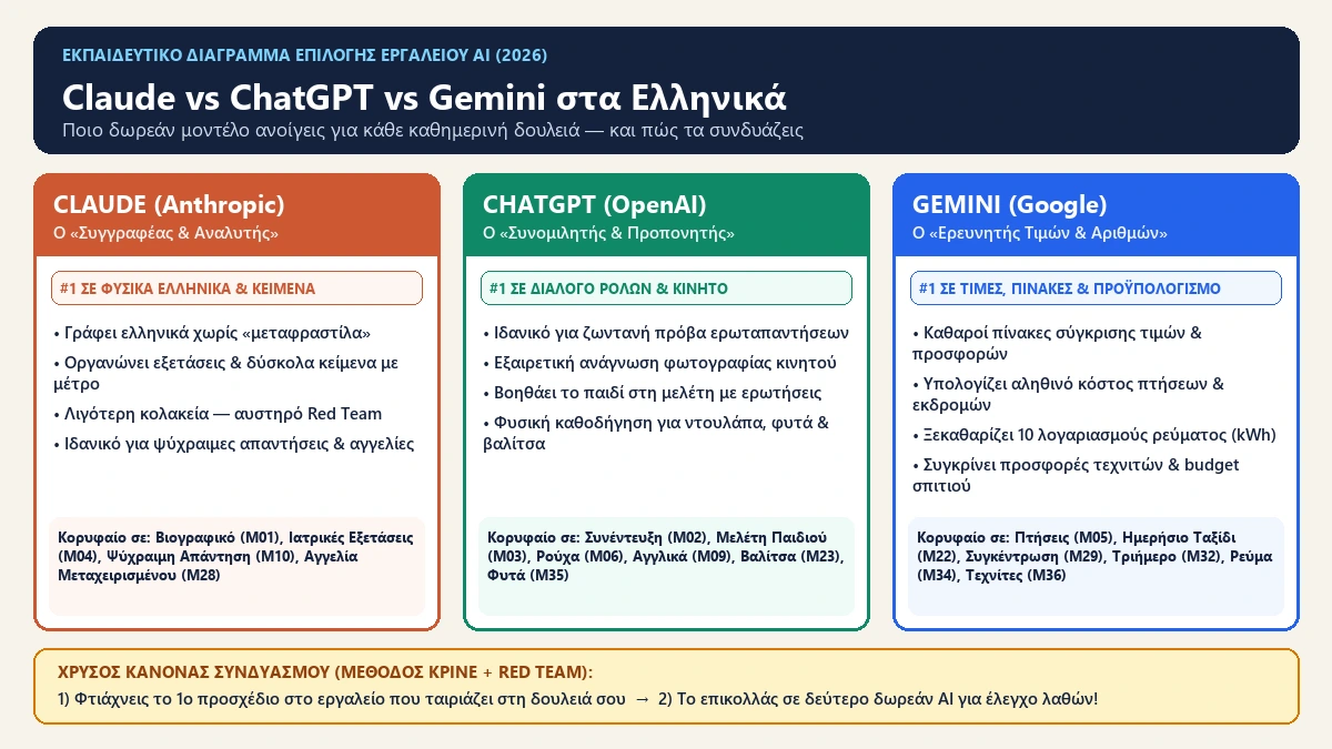 Εκπαιδευτικό διάγραμμα σύγκρισης Claude vs ChatGPT vs Gemini στα ελληνικά: ποιο δωρεάν AI ανοίγεις για κείμενα, διάλογο, φωτογραφία κινητού και σύγκριση τιμών.