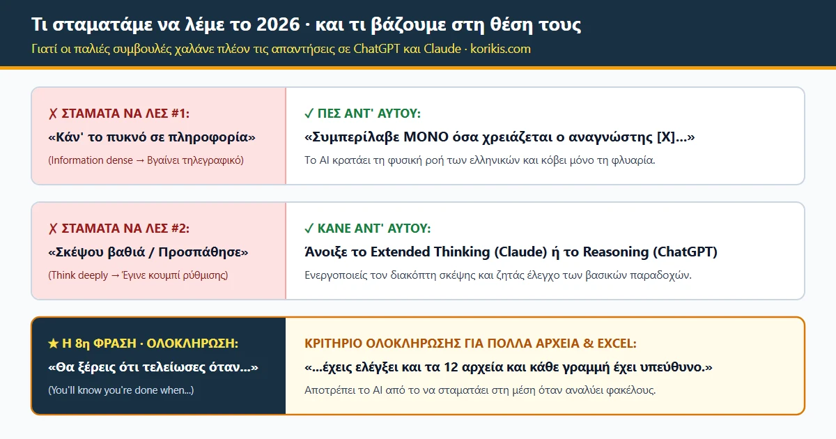 Οδηγός αντικατάστασης παλιών εντολών (όχι πια πυκνό σε πληροφορία ή σκέψου βαθιά) και χρήση της 8ης φράσης Θα ξέρεις ότι τελείωσες όταν για έλεγχο πολλών αρχείων.