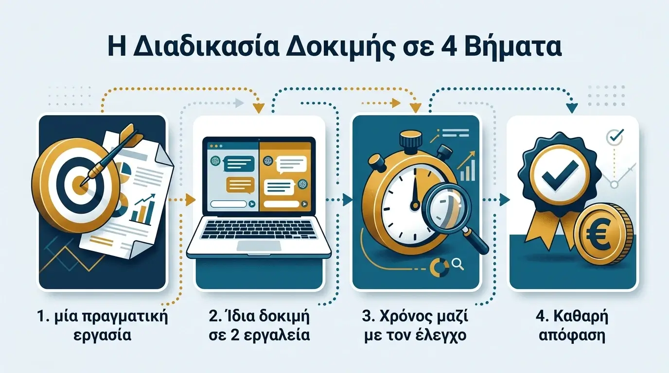 Δοκιμή εργαλείων AI σε τέσσερα βήματα: εργασία, ίδια δοκιμή, πλήρης χρόνος και απόφαση