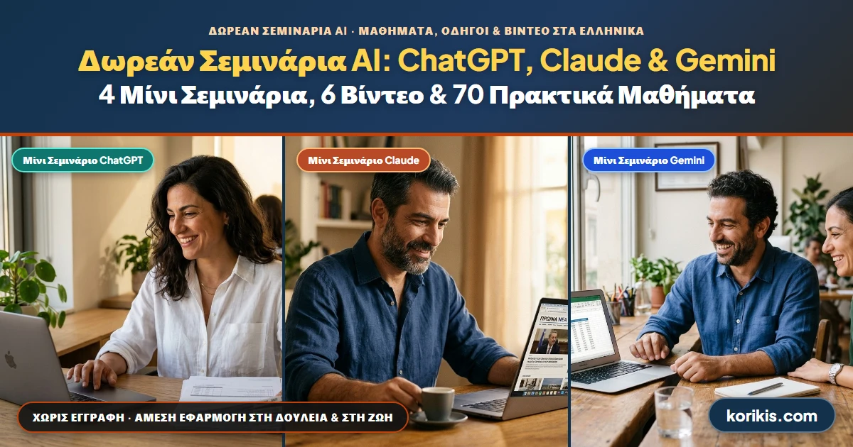 Δωρεάν Σεμινάρια AI: ChatGPT, Claude και Gemini στην πράξη - 4 μίνι σεμινάρια, 6 βίντεο και 70 πρακτικά μαθήματα