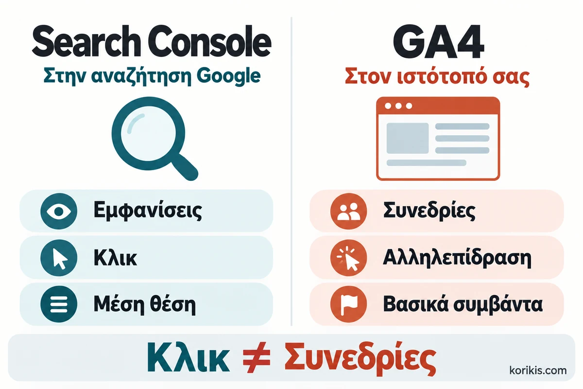Σύγκριση του Search Console για την εμφάνιση στην αναζήτηση με το GA4 για την καταγεγραμμένη δραστηριότητα στον ιστότοπο.