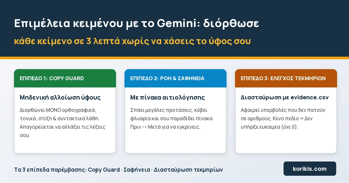 Επιμέλεια κειμένου με το Gemini σε 3 επίπεδα: Copy Guard, σαφήνεια και έλεγχος τεκμηρίων