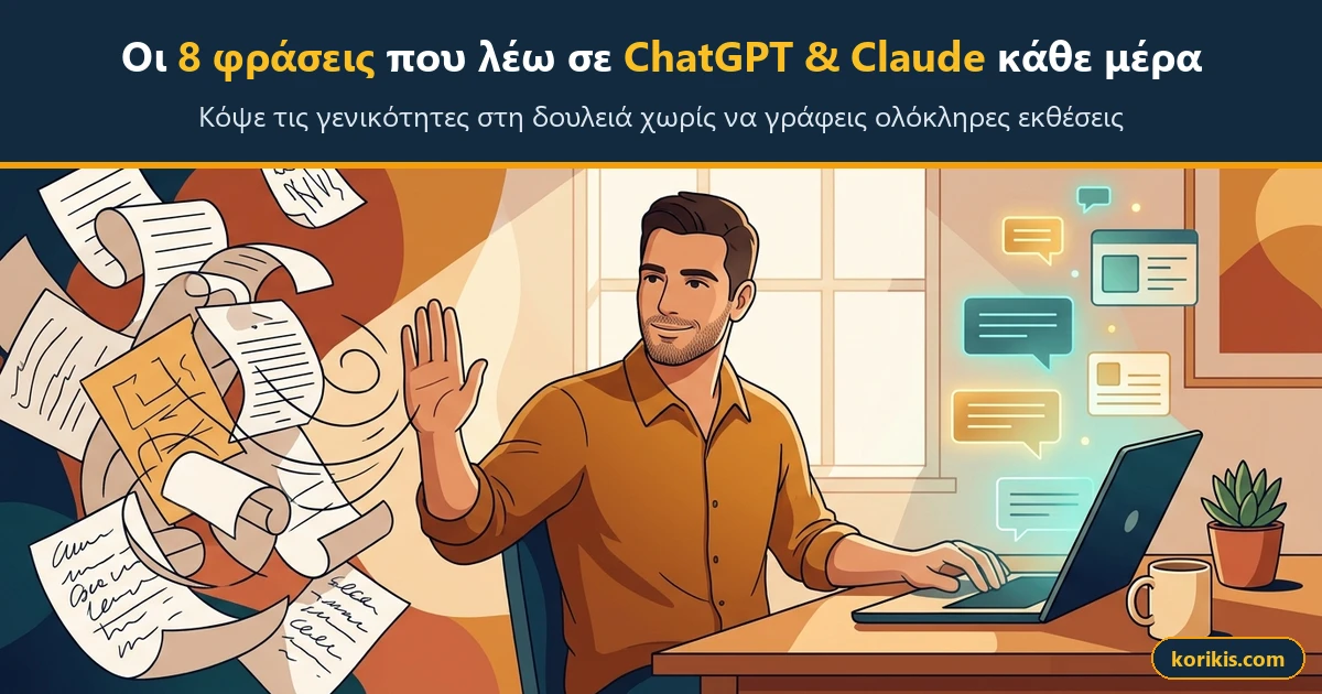 Εκφραστική εικονογράφηση επαγγελματία στο γραφείο που χρησιμοποιεί τις 8 σύντομες φράσεις για ChatGPT και Claude ώστε να κόψει τις γενικότητες στη δουλειά.