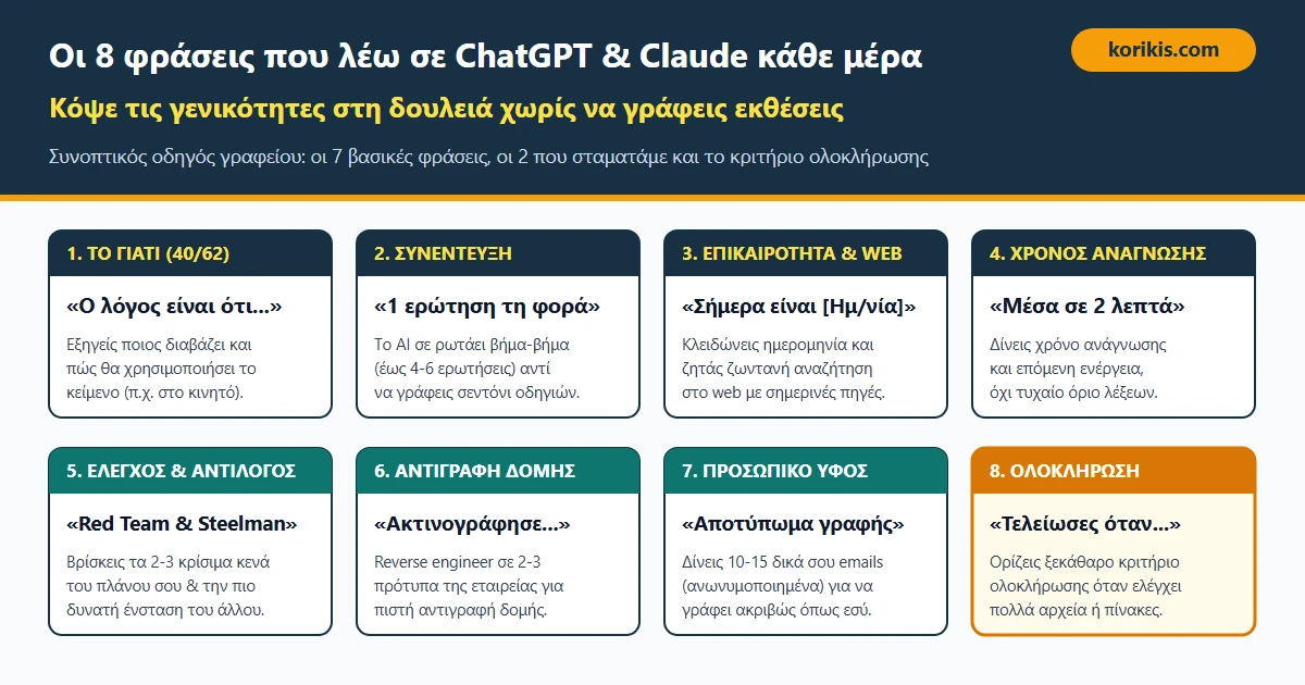 Συνοπτικός οδηγός γραφείου με τις 8 φράσεις για ChatGPT και Claude: Το Γιατί, Συνέντευξη, Επικαιρότητα, Χρόνος Ανάγνωσης, Red Team και Steelman, Αντιγραφή Δομής, Αποτύπωμα Γραφής και Κριτήριο Ολοκλήρωσης.