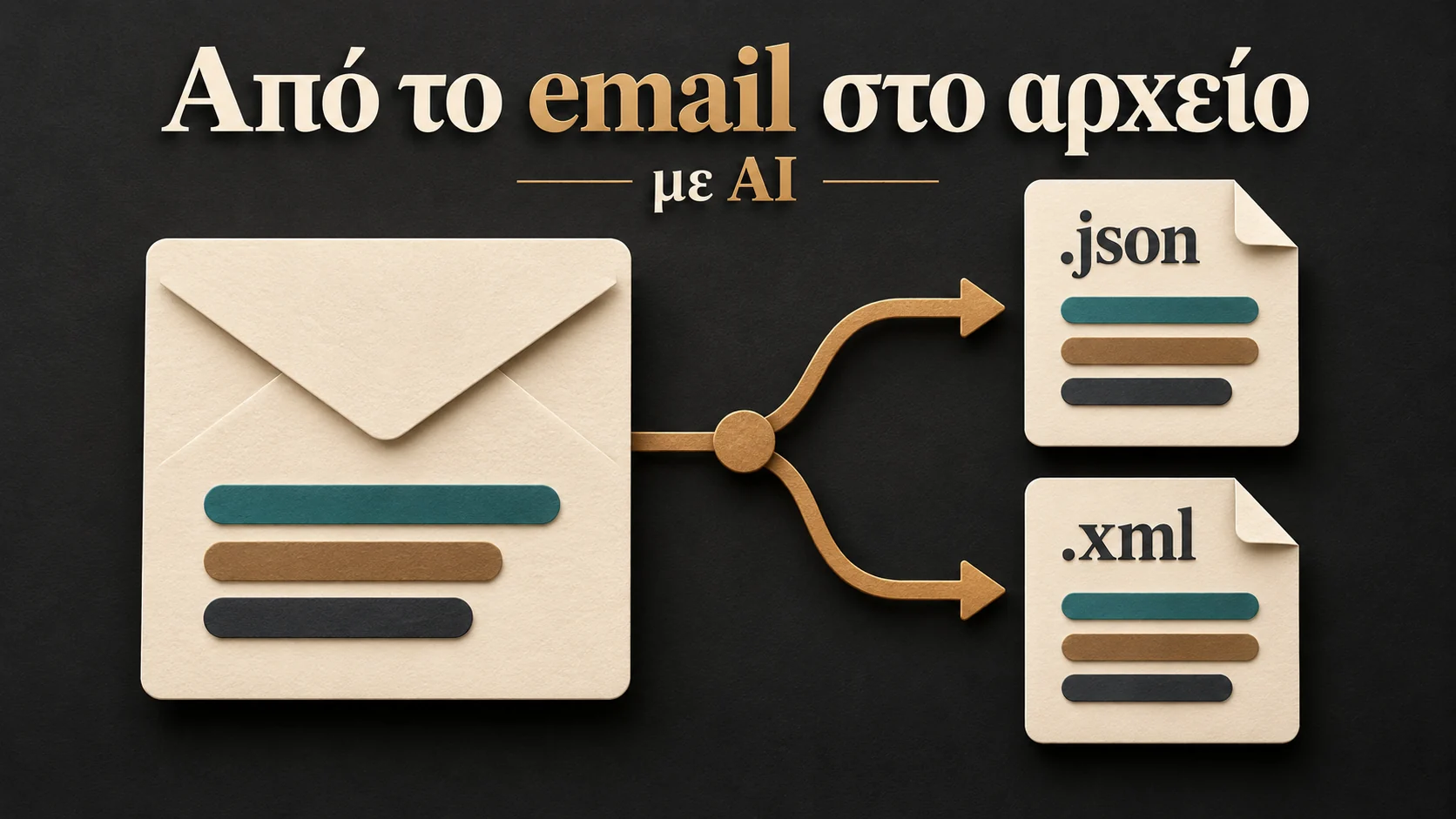Τα ίδια στοιχεία από ένα email οδηγούνται σε αρχεία JSON και XML με AI, ως οπτική μεταφορά οργανωμένης μετατροπής.