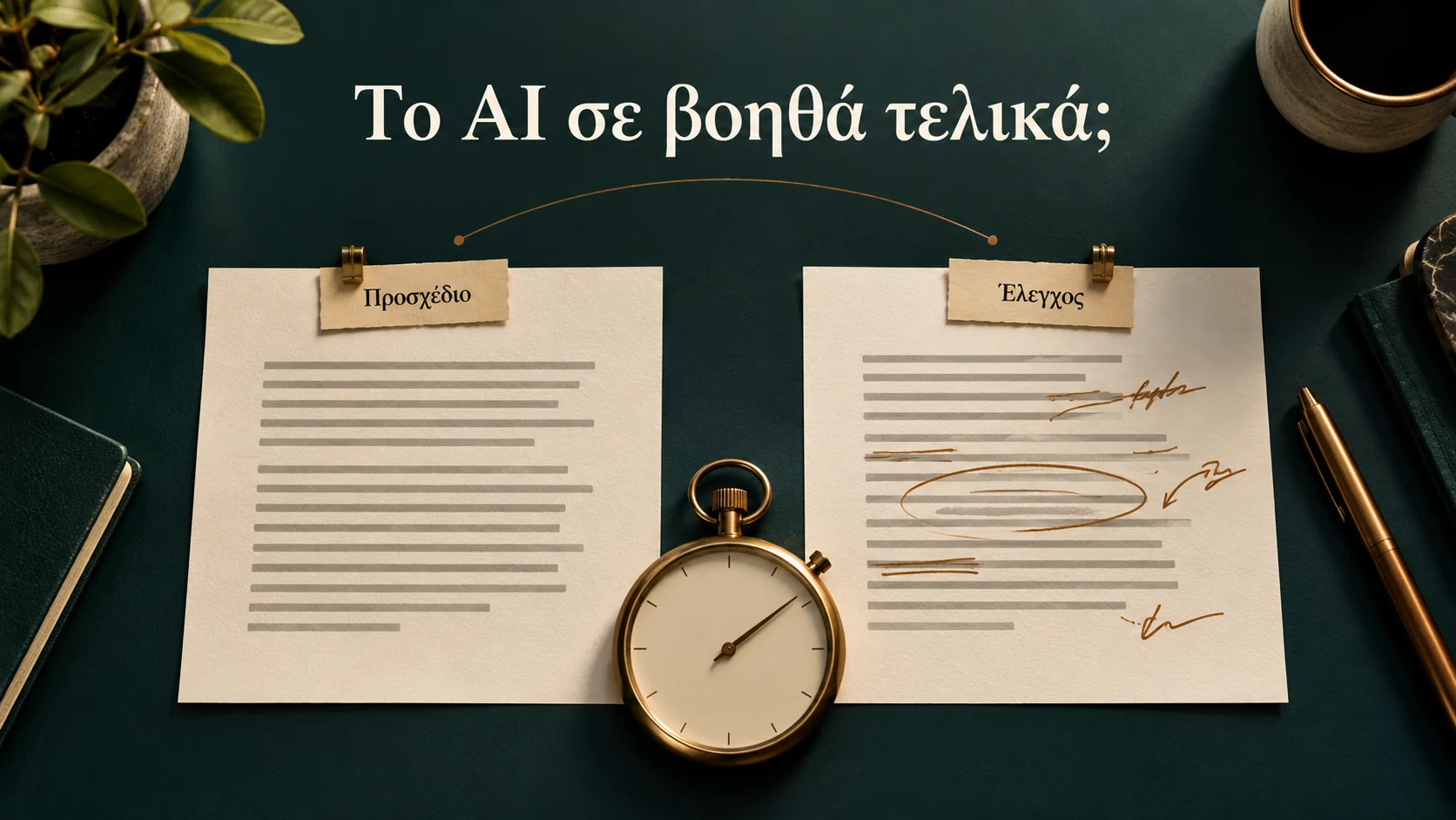 Προσχέδιο και διορθώσεις της ίδιας εργασίας παρουσιάζονται μαζί με χρονόμετρο για τον συνολικό χρόνο, με ερώτηση «Το AI σε βοηθά τελικά;».