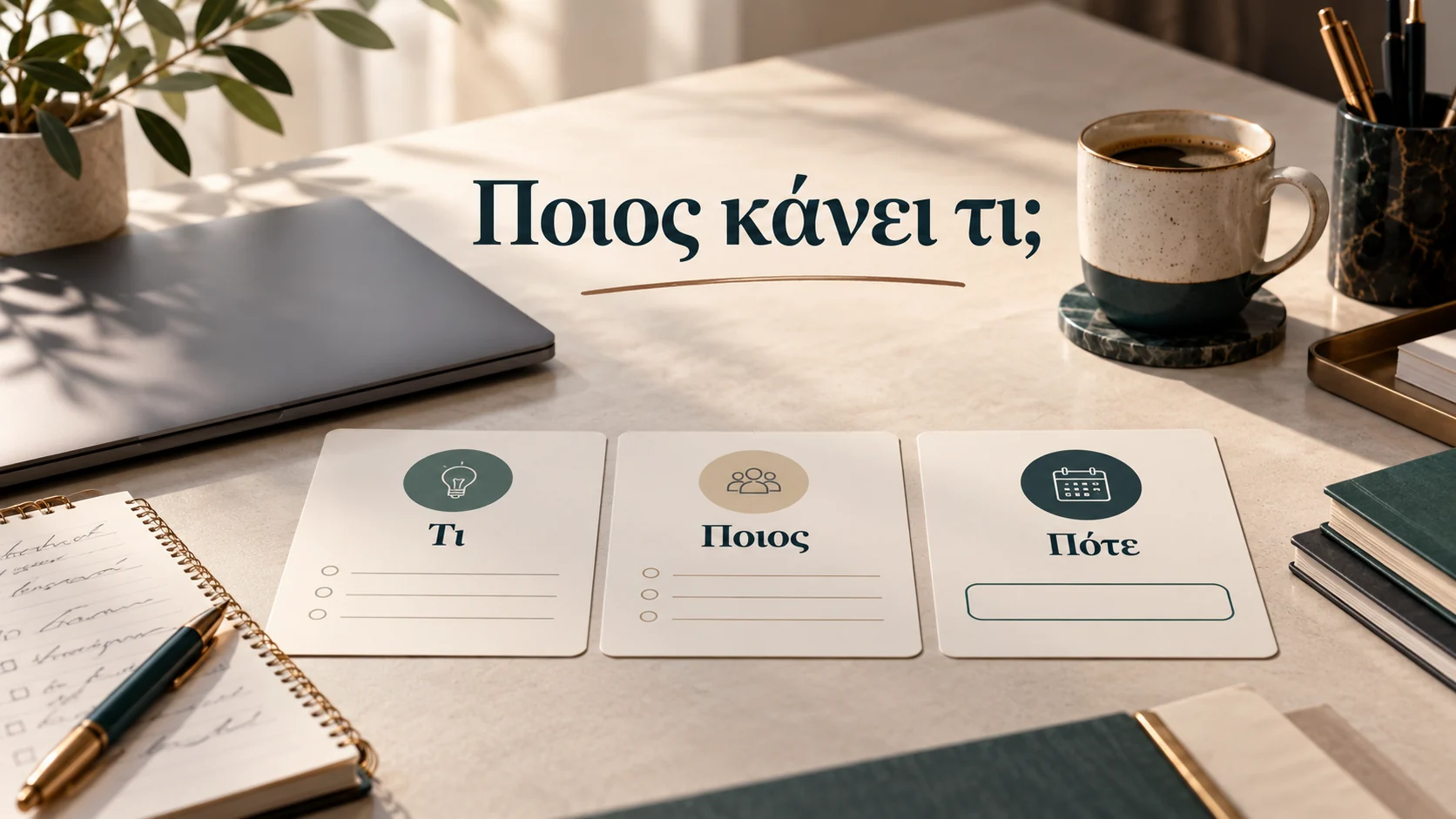 Σημειώσεις συνάντησης οργανώνονται σε κάρτες Τι, Ποιος και Πότε, με μία προθεσμία ανοιχτή.