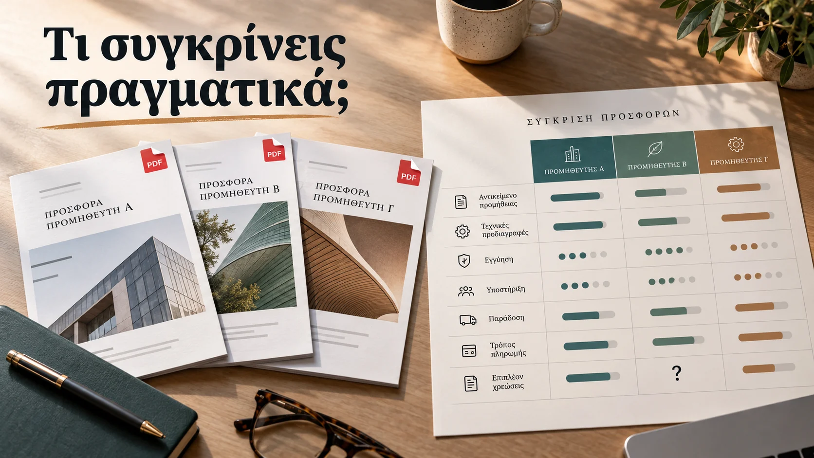 Τρεις προσφορές PDF συγκρίνονται με κοινά κριτήρια και ερωτηματικό σε άγνωστη χρέωση.
