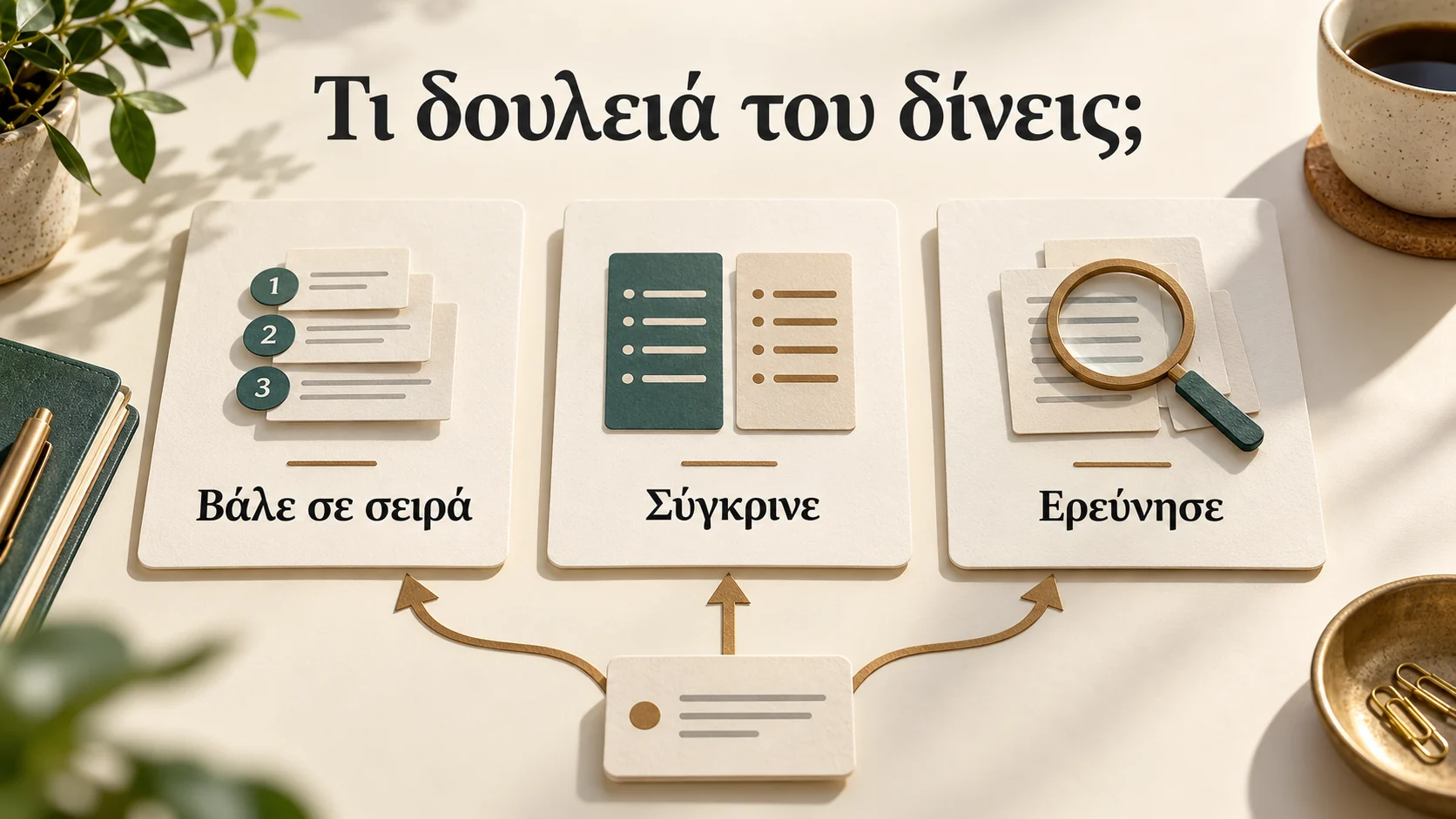 Τρεις κάρτες εργασίας: Βάλε σε σειρά, Σύγκρινε, Ερεύνησε.