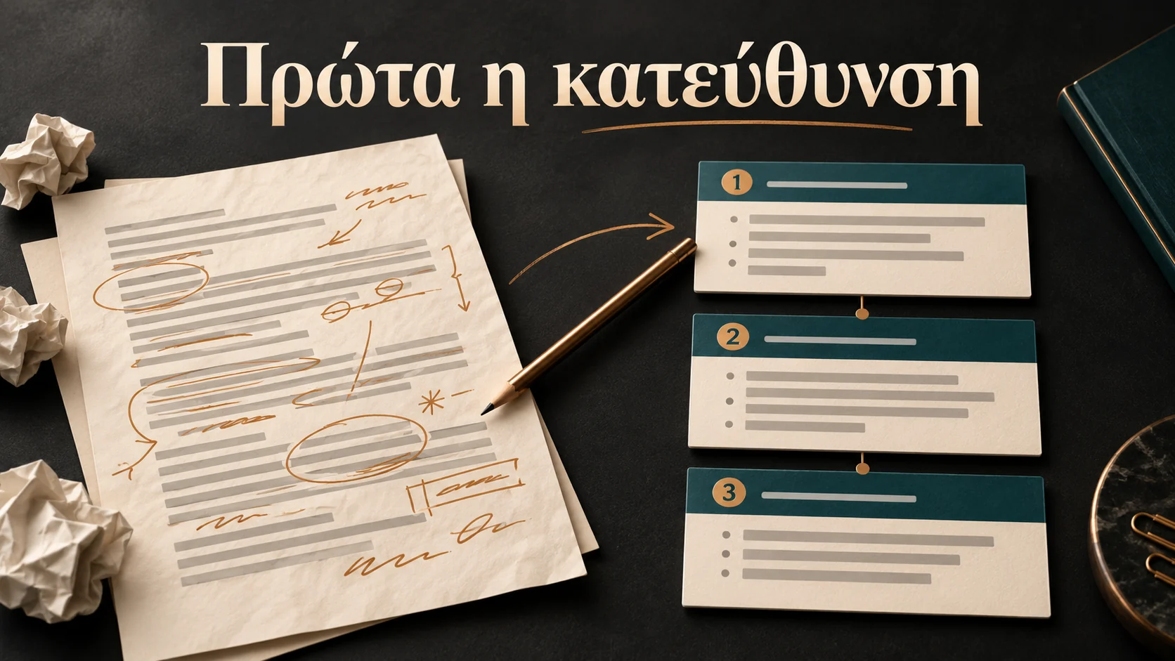 Σχολιασμένο προσχέδιο δίπλα σε καθαρή δομή τριών ενοτήτων, με μήνυμα «Πρώτα η κατεύθυνση».