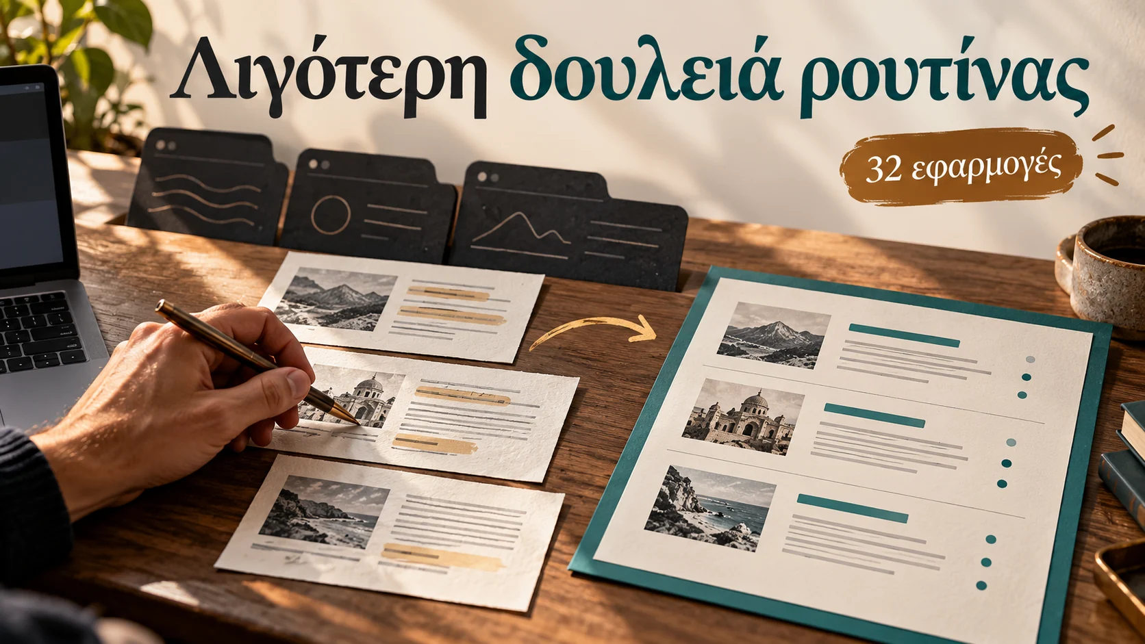 Στοιχεία από τρεις καρτέλες οργανώνονται σε ενιαίο παραδοτέο, με μήνυμα «Λιγότερη δουλειά ρουτίνας» και ένδειξη «32 εφαρμογές».