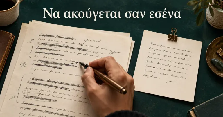Χέρι διορθώνει ένα προσχέδιο δίπλα σε προσωπικό δείγμα γραφής, με μήνυμα «Να ακούγεται σαν εσένα».