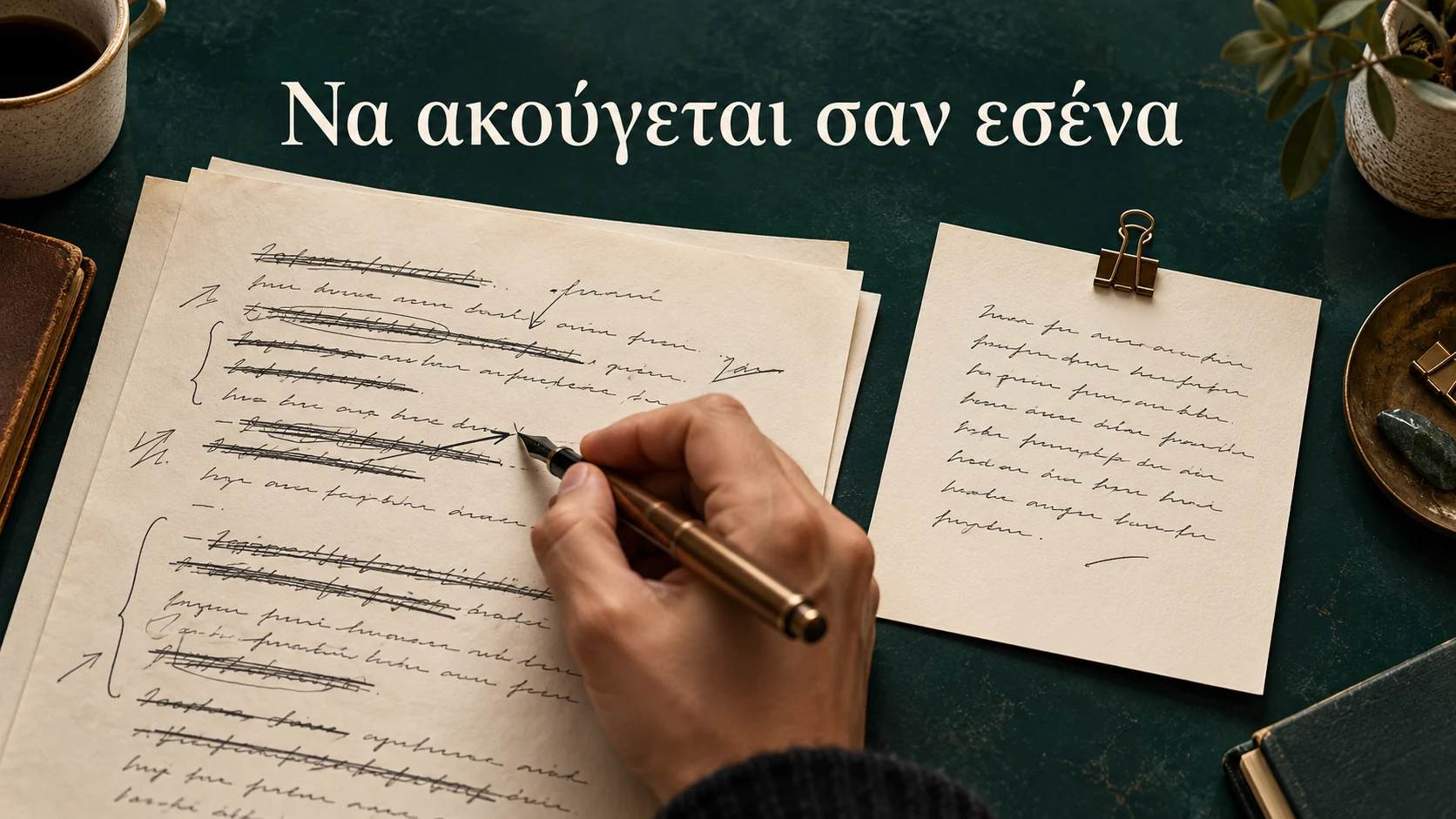 Χέρι διορθώνει ένα προσχέδιο δίπλα σε προσωπικό δείγμα γραφής, με μήνυμα «Να ακούγεται σαν εσένα».